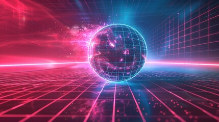 Aufkleber - retro futuristic neon sphere on grid surface 3d rendering image. digital futurism and nostalgia back