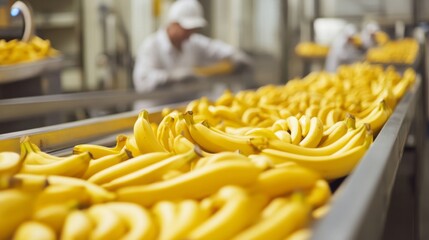 Poster - Workers are busy in a fruit processing facility, sorting and preparing ripe bananas for juice extraction. The environment showcases a clean, organized approach to food preparation and production.
