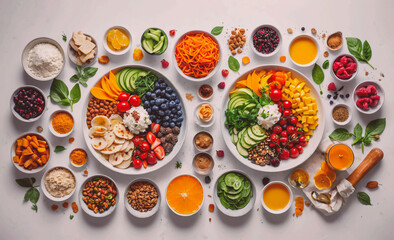 Poster - Table with many bowls of food on it. One bowl has a lot of fruit in it