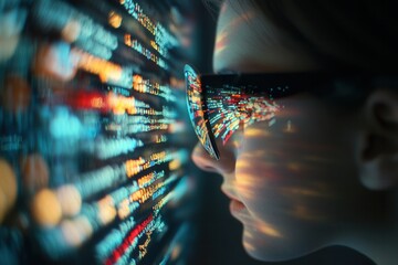 Poster - a close-up of a beautiful girl with glasses, working on a computer of the future that includes holog