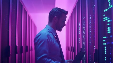 Poster - Image of IT Expert Using Laptop in Data Center. Data Center with Server Racks and Cloud Computing Facility Featuring Male IT Administrator Focused on Cybersecurity and Network Security