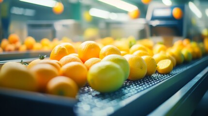Poster - Bright oranges and lemons are lined up on a conveyor belt inside a busy juice production facility. Workers are preparing the fruits for juice extraction during peak harvesting season.