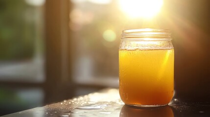 Poster - Sunlight streams through a window, illuminating a jar filled with vibrant juice on a countertop. The refreshing drink, rich in color, captures the warmth of a sunny afternoon and invites enjoyment.