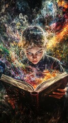 Poster - A child engrossed in a book, surrounded by vibrant, swirling colors representing imagination.