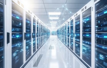 Poster - Storage systems in a data center room displayed in 3D rendering with network connections