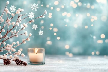 Sticker - Winter decoration with frosty branches and glowing candle on a blue background