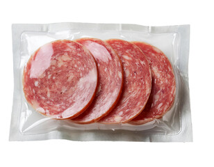 Wall Mural -  Vacuum-packed sausage slices displayed on a white background, showcasing their fresh appearance and packaging 