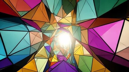 Fototapete - A kaleidoscope of geometric shapes in various shades of blue, green, yellow, and red, are seen in freefall through a bright light