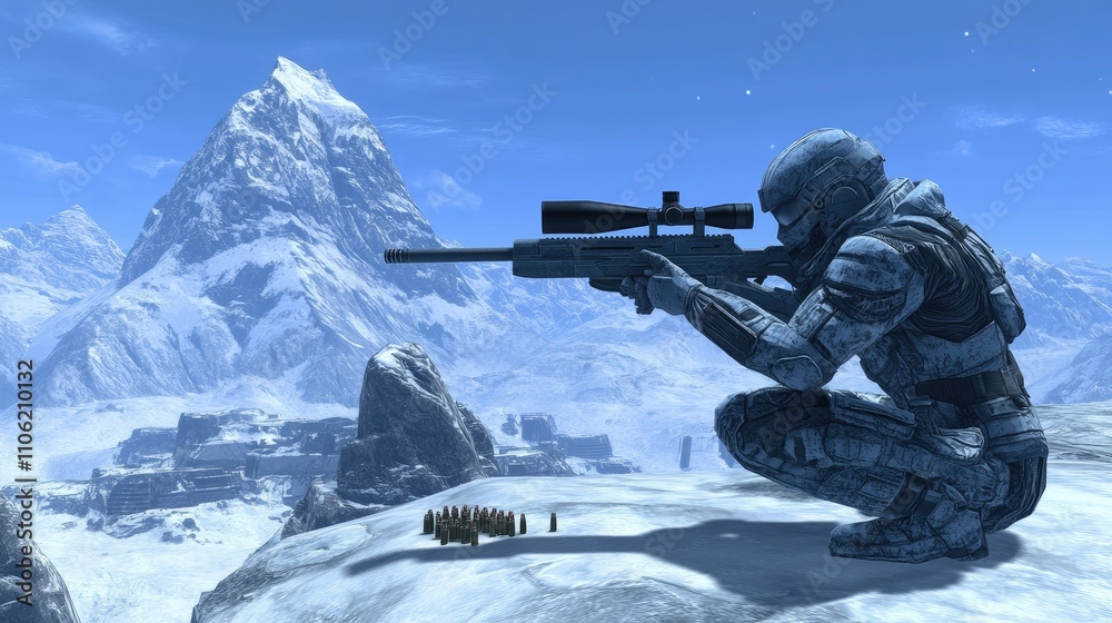Soldier aiming sniper rifle in a snowy mountain landscape Stock ...