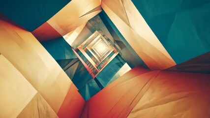 Fototapete - Geometric shapes in various shades of red, blue, and yellow fall through a tunnel of light, creating a mesmerizing abstract pattern