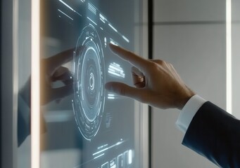 Poster - Abstract technology background featuring a person's hand touching a complex circular diagram on a virtual screen, with space for text. The scene represents innovation, network, big data, and internet