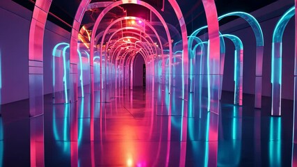 Poster - A hallway illuminated in pink and blue neon light features a series of transparent arches, creating an illusionary labyrinth