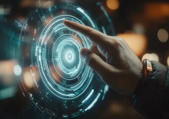 Poster - Technology background with a person's hand touching a complex circular diagram on a virtual screen, providing space for text. The image conveys innovation, network, big data, and internet themes