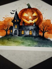 Sticker - Halloween postcard design with watercolor elements.