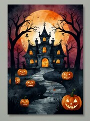 Sticker - Halloween postcard design with watercolor elements.