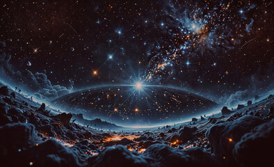 Poster - starry sky with a bright star in the center. the star is surrounded by a cloud of dust