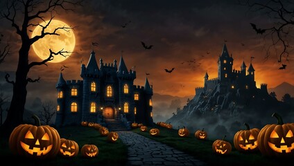 Wall Mural - Halloween scene with a spooky castle and glowing jack-o-lanterns.