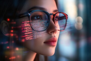 Poster - A close-up shot of a stunning girl with glasses, engaged in work with a high-tech computer displaying holograms. Concept: Future, technology, work