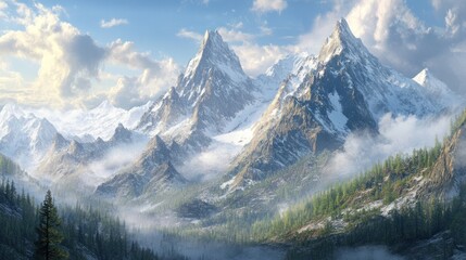 Canvas Print - Majestic Snowcapped Mountains Valley Forest Scene