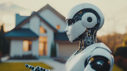 Poster - A humanoid robot stands confidently in front of a contemporary home, showcasing the integration of artificial intelligence in the real estate sector.