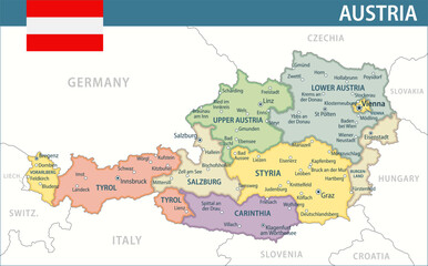  Austria Map Vector New 2024 Colorful - Customizable layered political map of Austria with administrative divisions for website, education, reports, news, politics, print, poster and wallpaper