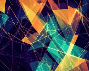 Poster - Bold geometric shapes in orange and blue intersect and overlap, creating a vibrant abstract design