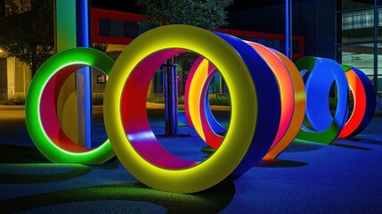 Poster - Illuminated Colorful Circular Sculptures At Night
