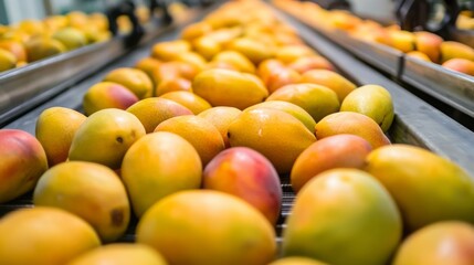Fototapete - Bright, ripe mangoes are lined up on conveyor belts in a busy juice processing facility. Workers diligently sort and prepare the fruit for juicing, ensuring quality and freshness.