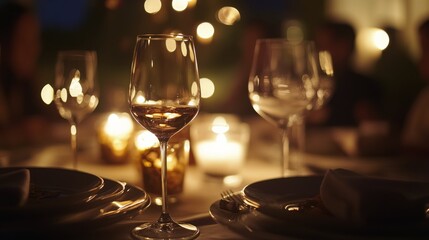 Poster - Elegant candlelit dinner setting with wine glasses and soft lighting in a cozy restaurant