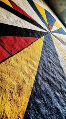 Wall Mural - A colorful geometric mural featuring vibrant triangles in red, yellow, black, and blue.