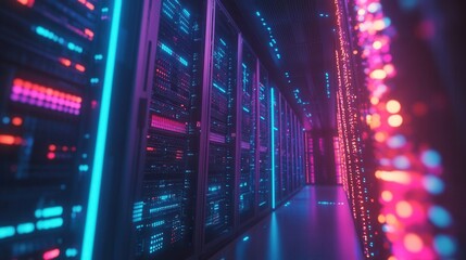 Poster - A picture of a data center with numerous rows of operational server racks. It illustrates modern telecommunications, cloud computing, stock, and database services. The scene is shot in darkness with
