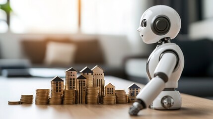 Aufkleber - A robotic figure interacts with miniature houses and stacks of coins, symbolizing the integration of AI in real estate investment.