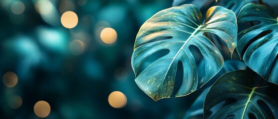 Wall Mural - Lush green leaves with a blurred background of warm lights, creating a serene atmosphere.