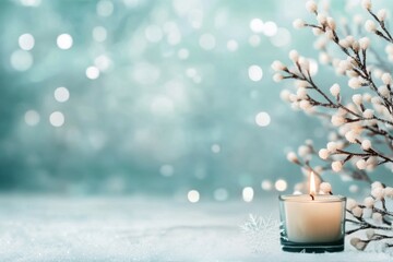 Sticker - Winter decoration with frosty branches and glowing candle on a blue background