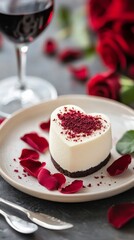 Wall Mural - Romantic dessert with heart shaped cake and wine on a table decorated with rose petals