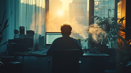 Poster - Man working from home office at sunrise.