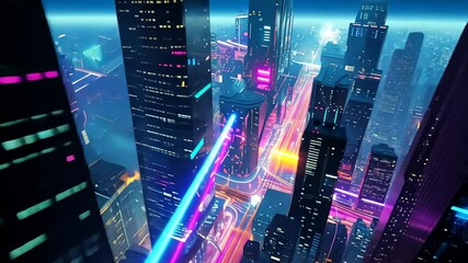 Poster - An aerial view of a cyberpunk city at night, with glowing neon pathways and tall, dark buildings