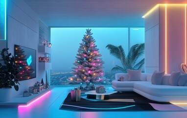 sleek and futuristic a high-tech living room with a sleek, white christmas tree decorated with neon 
