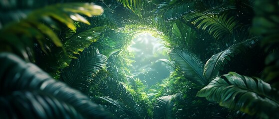 Wall Mural - Lush greenery frames a glowing opening in a vibrant jungle scene.