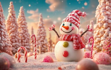 Wall Mural - Snowman Made of Candy A playful snowman made from giant candies, with gumdrops as buttons, candy canes as arms, and a licorice scarf, standing in a festive candy land