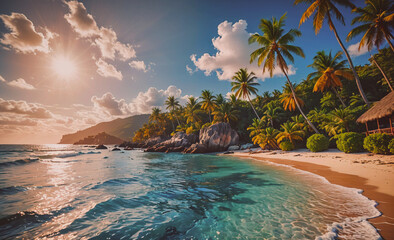 Poster - Beautiful beach with palm trees and a clear blue ocean. The sun is shining brightly in the sky