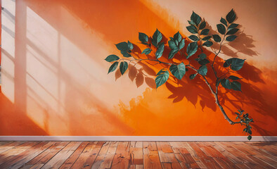 Poster - Wall with a leafy plant hanging from it. The wall is orange. The plant is green