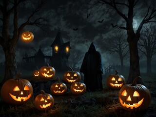 Wall Mural - Haunted Halloween night with Grim Reaper and jack-o'-lanterns.