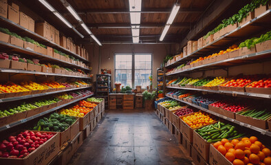 Poster - Large produce section of a grocery store. There are many boxes of fruit and vegetables on the shelves