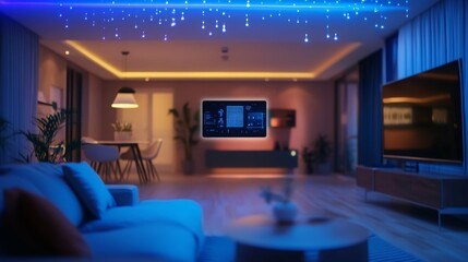 Poster - A contemporary living room showcases sleek furniture and advanced technology. Soft blue lighting highlights the space, creating a cozy atmosphere.