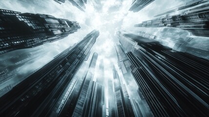 Poster - Futuristic Cityscape Towers Reaching For Cloudy Sky
