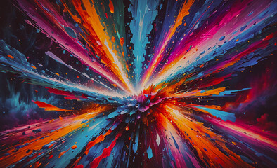Poster - Colorful explosion of paint with a rainbow of colors. The colors are red, blue, yellow, and green