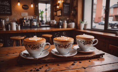 Aufkleber - Three cups of coffee with a white saucer on a wooden table. The cups are decorated with swirls and the saucer has a bicycle design