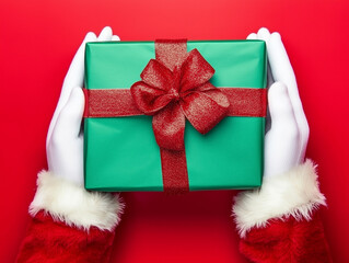 Santa Claus hands holding a green gift box