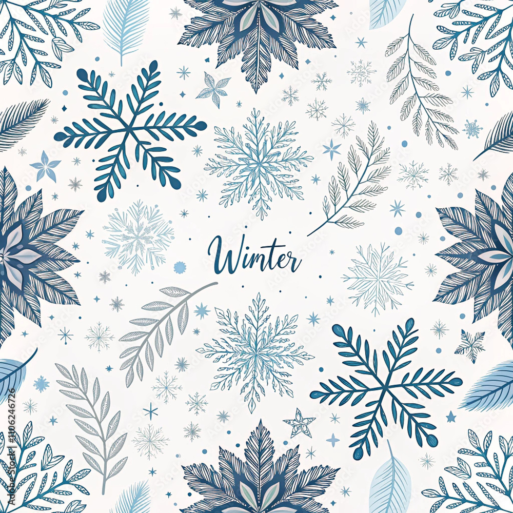 Elegant winter design with blue snowflakes and leaves on white ...